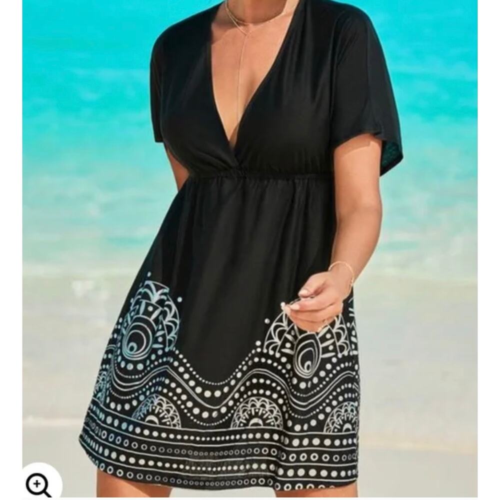 Swimsuits For All KIate Printed Trim Swim Cover Up Size 10 12 Black Silver